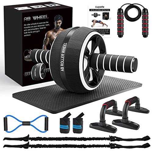 6-in-1 AB Roller Wheel Kit Abdominal Wheel Trainer Set with Resistance Band Jump Rope Push-up Support and Knee Pad Perfect Home Gym Equipment for Women Men